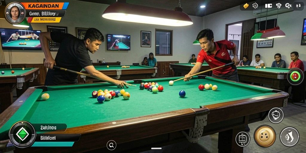 Tampilan antarmuka permainan billiard KAGANDAN yang menarik.