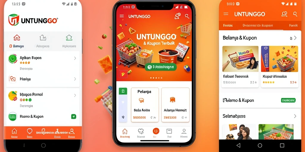 Tampilan antarmuka utama UNTUNGGO dengan berbagai penawaran dan kupon.